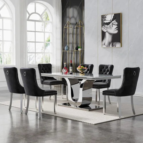 Vista 11 de SSLine Mesa de comedor moderna para mesa de cocina de mármol sintético de 6,70 pulgadas, mesa de comedor rectangular para muebles de cocina