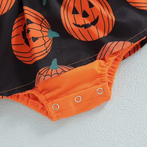 Vista 5 de Ropa de Halloween para bebé recién nacida, vestido de calabaza, sin mangas, cuello en V, diadema, Naranja