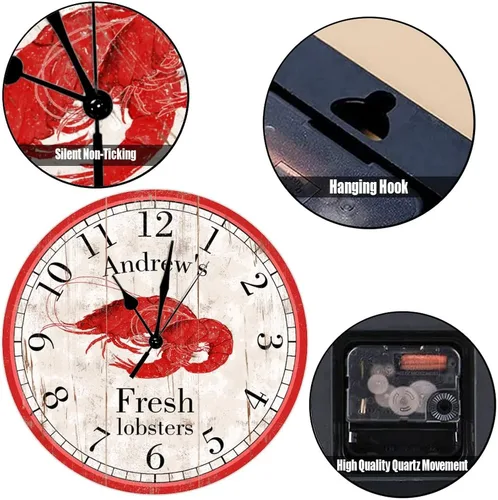 Vista 3 de Reloj de madera personalizado con langostas rojas y frescas, relojes de madera de cuarzo de calidad, funciona con pilas, relojes de pared de 12