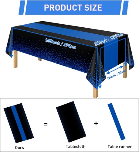 Vista 2 de Manteles de plástico desechables 2 en 1 de 54 x 108 pulgadas, mantel rectangular de cocina con lunares negros y azules, para boda, cumpleaños, baby