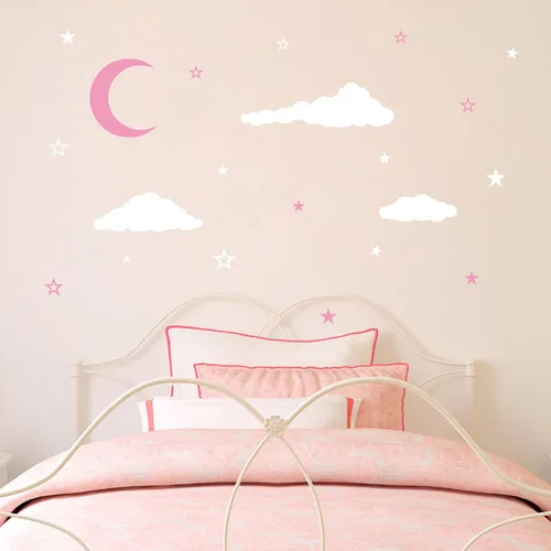 Vista 2 de Moon & Stars - Calcomanías de pared, decoración de guardería infantil, calcomanías de vinilo para habitación del bebé Y08 (blanco, rosa)