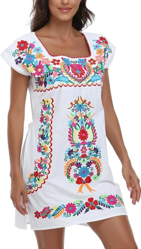 Vista 7 de YZXDORWJ Vestido bordado mexicano sin mangas con cuello de volantes para mujer