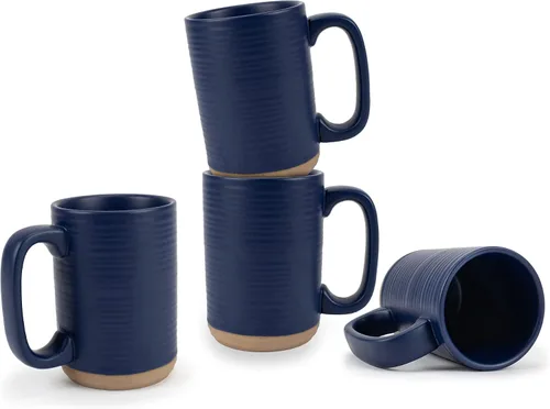 Vista 9 de Elanze Designs Juego de 4 tazas de café de cerámica de 16 onzas con fondo de arcilla cruda acanalada alta