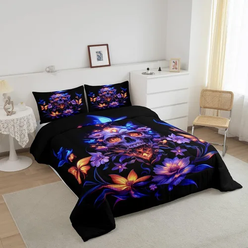 Vista 3 de Erosebridal Juego de ropa de cama de calavera gótica, flores mandala, mariposa hippie para niñas y niños, edredón de esqueleto de la muerte de Negro