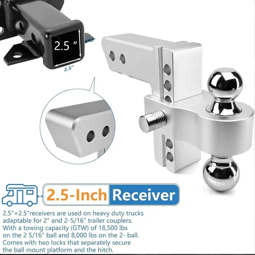 Vista 5 de Enganche de remolque ajustable - Tlvuvmo Enganche de caída de aluminio (se adapta a receptor de 2.5''), caída/elevación de 6 pulgadas, capacidad
