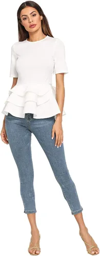 Vista 5 de Romwe blusa para mujer Vintage con capas de volantes cuello redondo