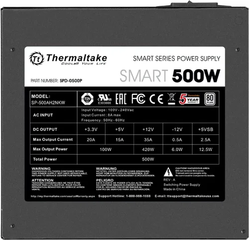Vista 4 de Thermaltake Smart 500W 80+ White Certificado PSU, Alimentación continua con ventilador de refrigeración ultrasilencioso de 120 mm, fuente