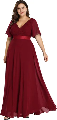Vista 26 de Ever-Pretty Vestidos formales de noche de gasa para mujer con cuello en V de talla grande para mujeres con curvas, vestido de dama de honor de largo