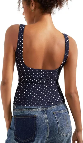 Vista 10 de SUUKSESS Camisetas sin mangas con respaldo abierto y cuello barco acolchado para mujer, con doble forro, camisas básicas Negro (Black Polka Dots)