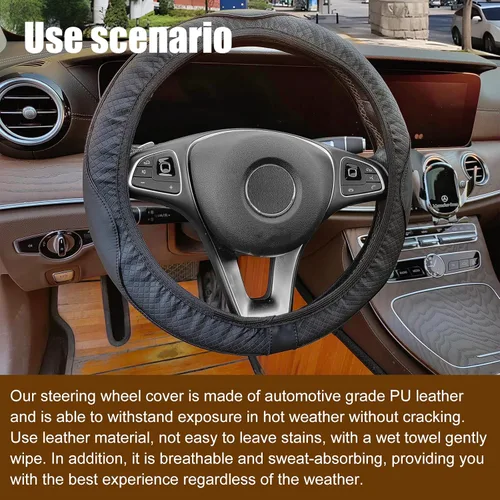 Vista 7 de Funda para volante de automóvil, protector de cuero de 15 pulgadas, elástico, transpirable, antideslizante, funda de cuero de microfibra