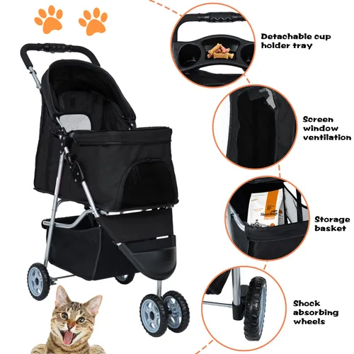 Vista 3 de Cochecito para perros pequeños, cochecito para mascotas, carrito plegable, ligero, impermeable, con cesta de almacenamiento para cachorros, perros