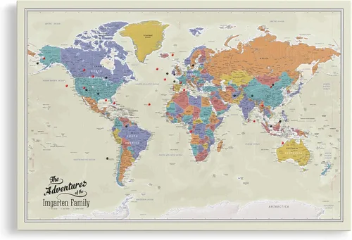 Vista 16 de Lienzo - Mapa de viaje personalizado del mundo Tan Oceans con chinchetas y marco blanco texturizado