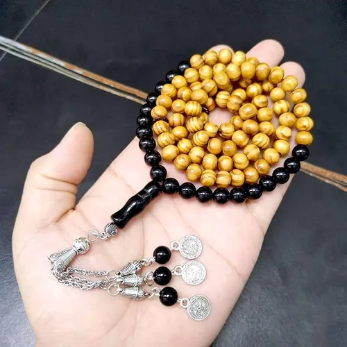 Vista 2 de ALBASHAN Tasbih - Cuentas de madera de haya natural con ónix 99/100 cuentas de oración musulmana misbaha, regalo de Ramadán Eid