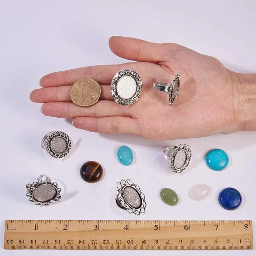 Vista 6 de SUNNYCLUE 6 anillos de cabujón ajustables de plata antigua con flores en blanco, redondos, ovalados, con 6 cabujones redondos de piedras preciosas