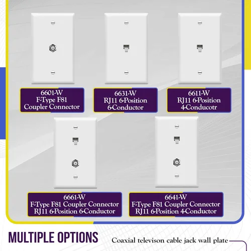 Vista 5 de Conector de tipo F para teléfono y CATV, más conectores hembra RJ11 con placas para pared, Blanco, 1
