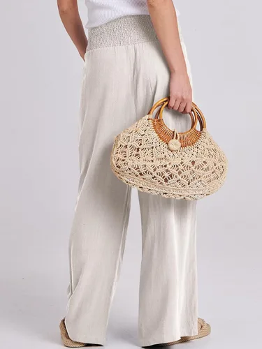 Vista 5 de ANRABESS Pantalones palazzo de lino para mujer, estilo bohemio, pierna ancha, cintura alta, informal, para descansar, playa, viajes, vacaciones