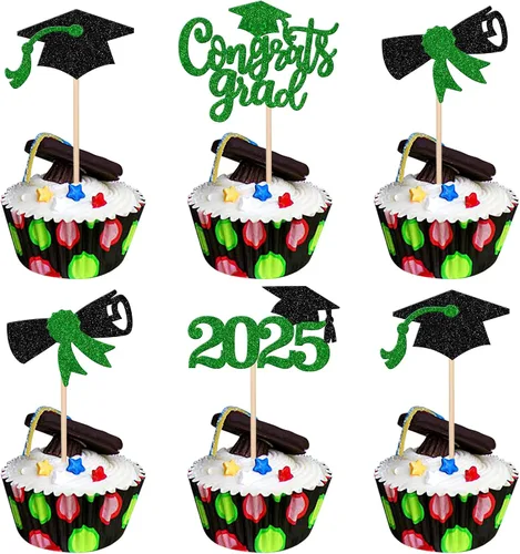 Vista 14 de 24 piezas 2026 temáticas de graduación 2026 decoraciones para cupcakes con purpurina clase de 2026 Diploma Congrats 2026 Tapa de graduación