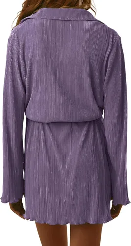 Vista 2 de LYANER Vestido camisero plisado de manga larga con cuello en V y botones para mujer con cinturón