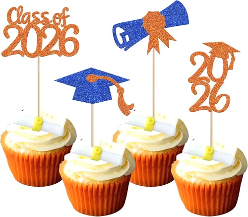 Vista 9 de 30 piezas de decoración para cupcakes de graduación para la clase de 2026 con purpurina brillante para el futuro diploma hecho 2026 Felicidades