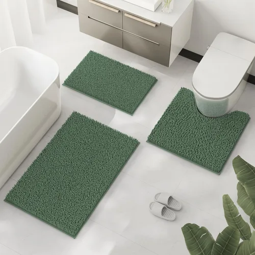 Vista 2 de Juego de 3 tapetes de baño de felpilla, antideslizantes, ultra suaves, absorbentes con forma de U para inodoro, baño, bañera, ducha, color verde