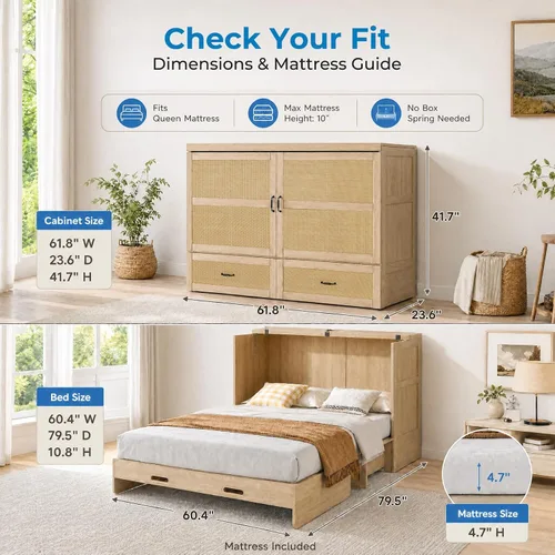 Vista 3 de Mjkone Murphy - Cama de gabinete con colchón plegable de tres piezas Madera natural