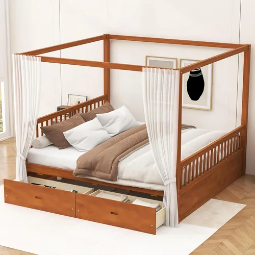 Vista 10 de Cama con dosel de metal, con plataforma de 4 postes de Coner con cabecera entrecruzada y estribo, tamaño Queen