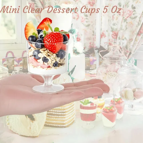 Vista 4 de Youeon Paquete de 50 mini vasos de postre de plástico con cucharas, taza de postre transparente de 5 onzas, tazas pequeñas para postres, aperitivos