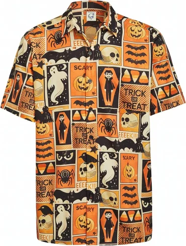 Vista 5 de Camisa de Halloween para Hombre de Hardaddy, de Manga Corta, con Botón, con Estampado Gracioso, Camisa Casual Negro