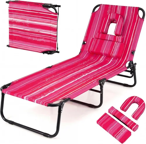 Vista 16 de Giantex Silla bronceadora, silla de patio ajustable con orificio para la cara, almohadas extraíbles, correa de transporte, silla de diseño, silla