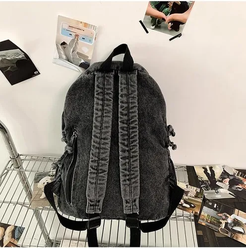 Vista 6 de Mochila de mezclilla vintage para mujeres y hombres, linda mochila Y2k Jeans Bookbag Preppy Moda Viaje Retro Mochila de hombro, Negro -, Mediana