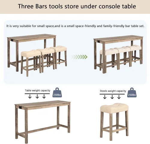 Vista 4 de Juego de mesa y sillas de barra de altura de mostrador de 4 piezas con toma de corriente, mesa de comedor rectangular estrecha con 3 taburetes