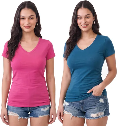 Vista 220 de Emmalise Camiseta de manga corta para mujer, cuello en V, tallas junior y plus