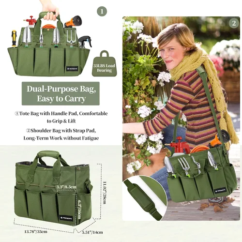 Vista 5 de Raynesys Bolsa de mano de jardín, organizador de herramientas de jardinería con bolsillos y asa, bolsa de almacenamiento de jardín resistente 900D