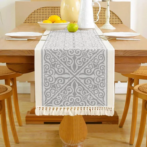 Vista 8 de Camino de mesa auxiliar floral para sala de estar, cocina, casa de campo, camino de mesa de comedor con flecos, rectangular, resistente al calor