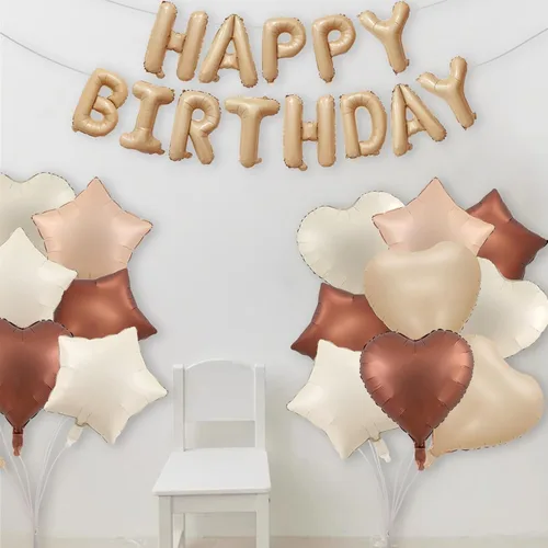 Vista 5 de Globos de papel de aluminio de feliz cumpleaños, globos neutros de color crema, caramelo, beige, marrón, globos de corazón para niñas y niños