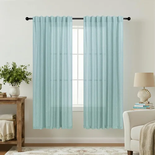 Vista 111 de Cortinas rústicas color beige tostado de 42 x 84 pulgadas de largo para sala de estar, juego de 2 paneles transparentes de lino natural, imitación