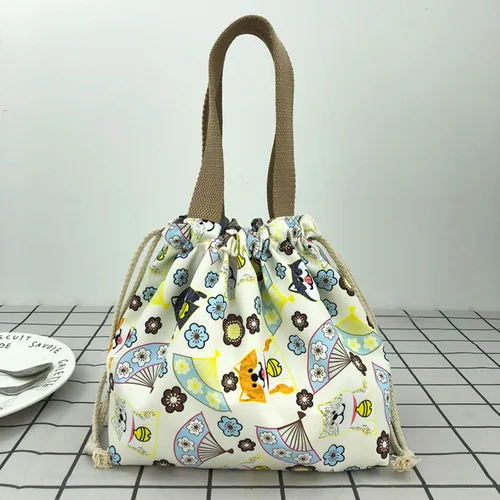 Vista 7 de Mini bolsa de almuerzo reutilizable pequeña linda bolsa de almuerzo con cordón adecuado para niñas, mujeres, perros, beige