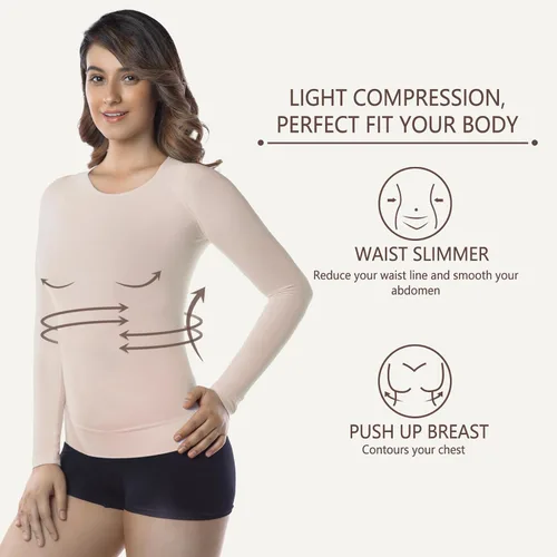 Vista 3 de +MD Camisetas de manga larga para mujer, cuello redondo de bambú, capa base ajustada, ropa interior térmica suave, compresión ligera