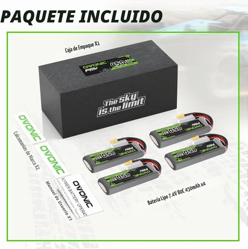 Vista 6 de OVONIC Batería Lipo de 7.4V 80C 450mAh 2S de tamaño largo con enchufe XT30 [1 paquete que incluye 4 baterías]