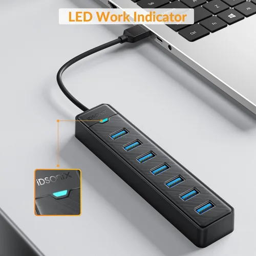Vista 7 de IDsonix Hub USB 3.0 de 7 puertos para laptop, PC, conexión estable de 5 Gbps SuperSpeed Expansor de puerto USB, divisor multipuerto de expansión