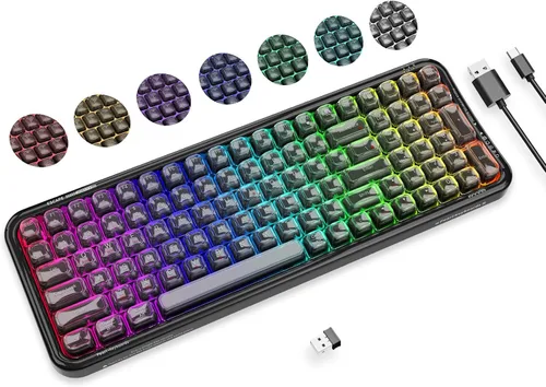 Vista 7 de FOPETT Teclado inalámbrico para computadora con retroiluminación RGB, Bluetooth 5.0/USB-C/2.4 GHz, teclado ergonómico para juegos, tapa transparente