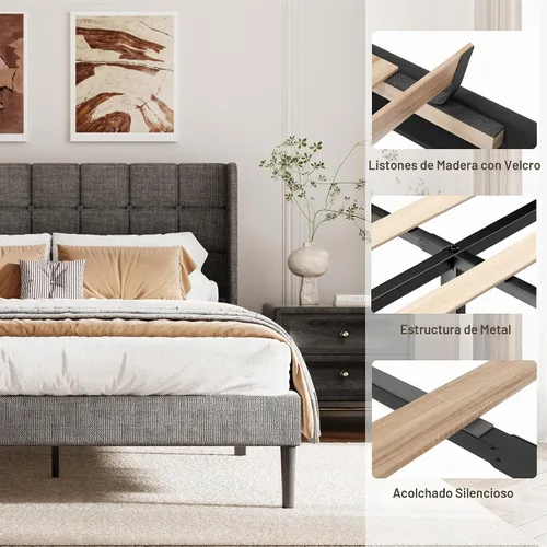 Vista 7 de Base de cama tamaño King con cabecera con respaldo de ala, base de cama tapizada de lino con cabecera capitoné con botones, soporte de listones