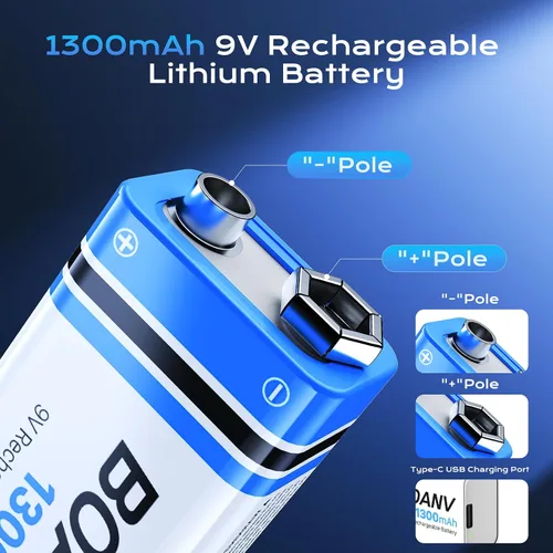 Vista 6 de 2 baterías recargables de 1300 mAh 9 V, batería recargable de litio USB de larga duración con cable de carga 2 en 1, para detectores de humo