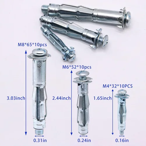 Vista 2 de Anclajes de Pared Huecos con Tornillos de Servicio Pesado, Pernos Molly de Acero al Carbono Galvanizado en Zinc Anclajes de Pared para Paneles