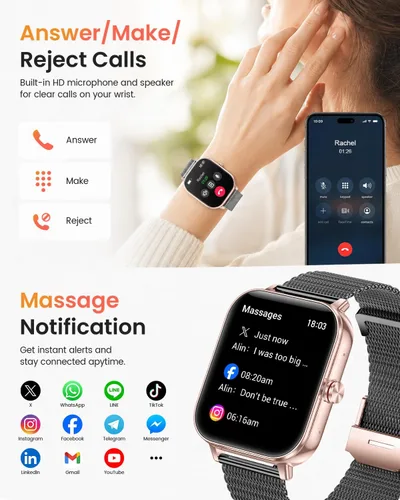 Vista 3 de Reloj inteligente para mujer, reloj inteligente Betatree de 1.85 pulgadas HD Full Touch iPhone Android (respuesta/hacer llamadas), rastreador