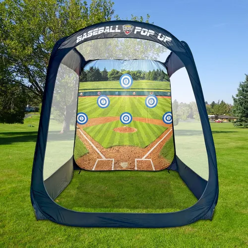 Vista 2 de MACCABI Art - Entrenador de práctica de béisbol/softbol emergente de 8 pies con fondo de golpeo y lanzamiento integrado, camiseta de bateo