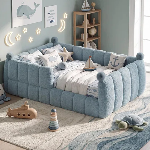 Vista 23 de Bellemave Cama Montessori tapizada de tamaño individual con valla, color Peluche beige