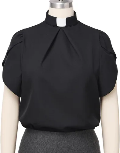 Vista 7 de Camisa de clero de iglesia para mujer, cuello con pestaña frontal, plisada, manga pétalo