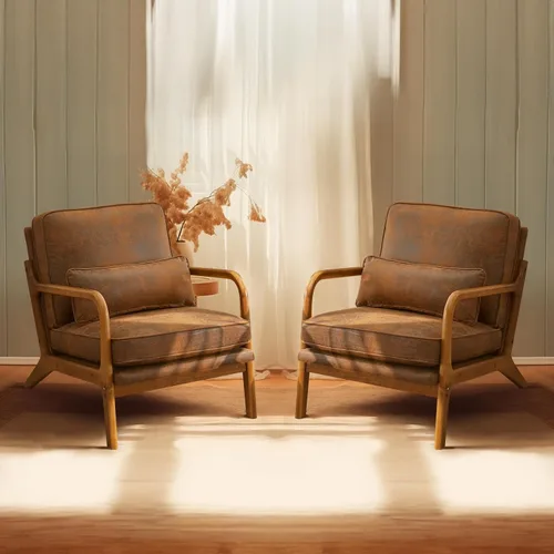 Vista 13 de Bonnlo - Silla de acento moderna de mediados de siglo con tela de lino beige, sillones de descanso con acolchado de madera maciza para sala