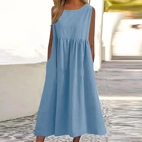 Vista 2 de Vestido largo de media manga para mujer, de corte clásico, con cuello redondo, transpirable, con estampado retro